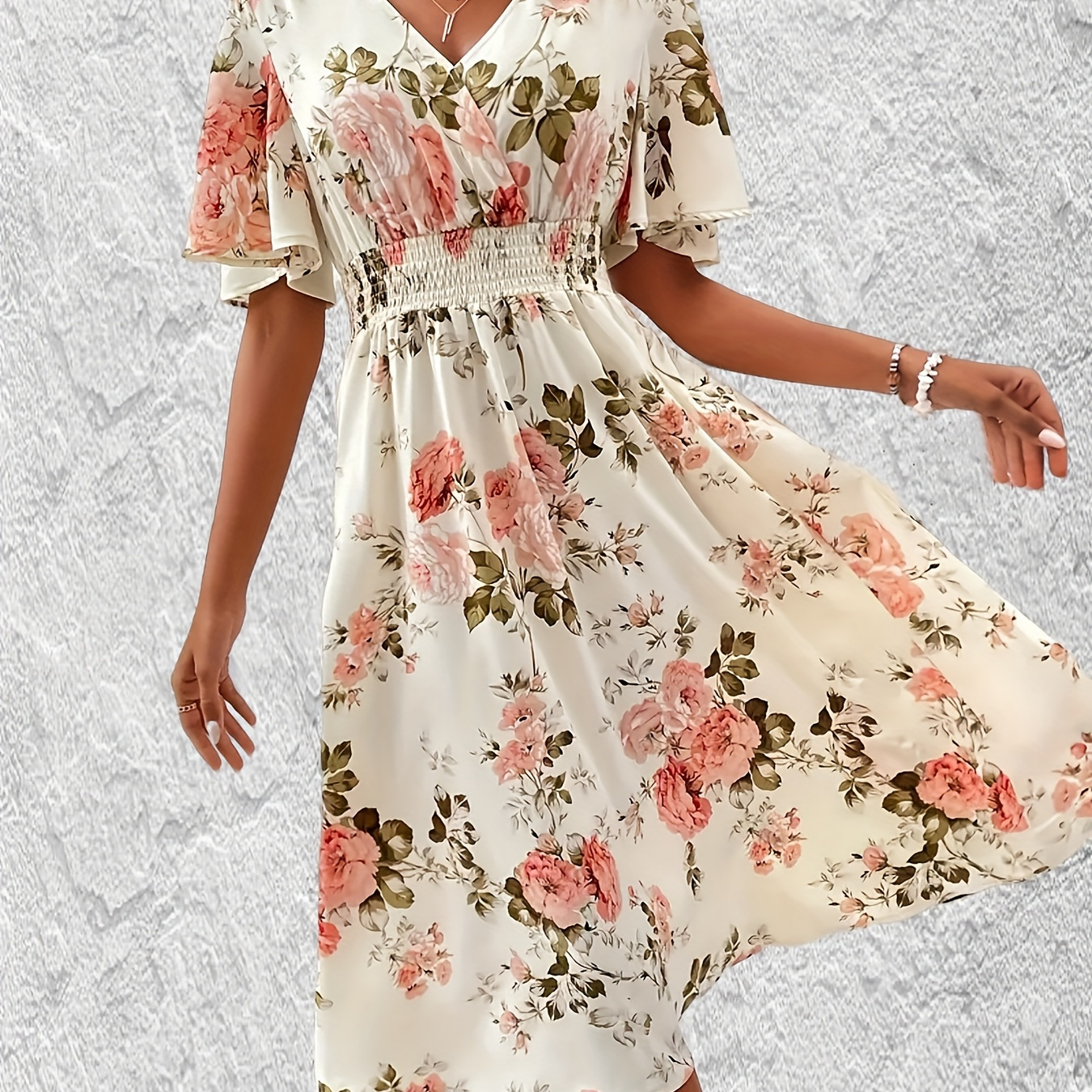 

Robe à imprimé floral, col en V, style vacances, robe trapèze à manches courtes pour le printemps et l'été, vêtements pour femmes