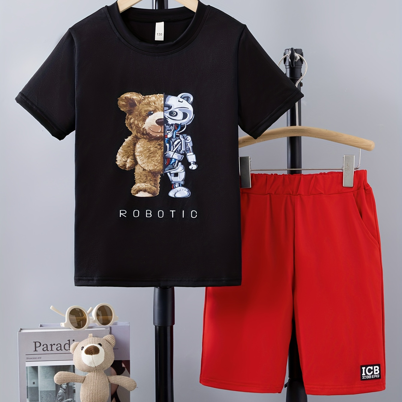 

2pcs Boy's Trendy Machine Bear Print Crew Neck T-shirt & Solid Shorts, Comfy Stretchable Casual Outfits For Kids Outdoor Activities