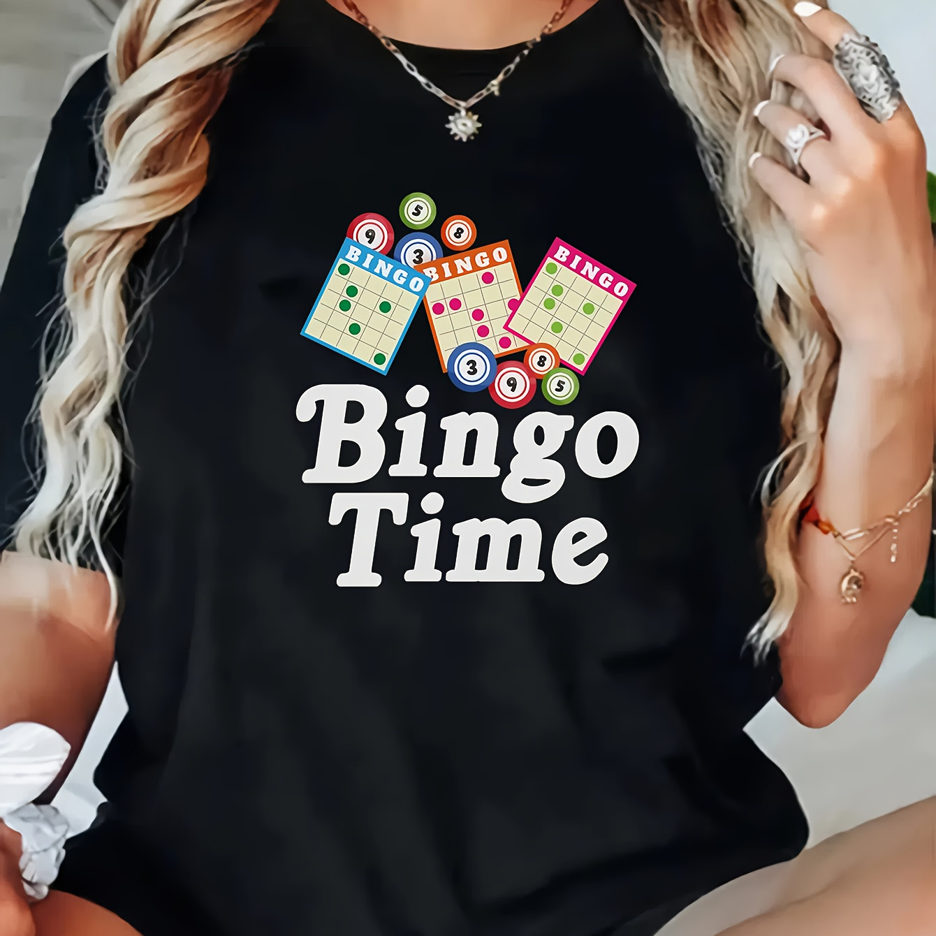 

Plus Size Women's Casual T-shirt With Bingo Print - Short Sleeve, Round Neck, Stretchy Polyester , Machine Washable - Spring/summer Fashion