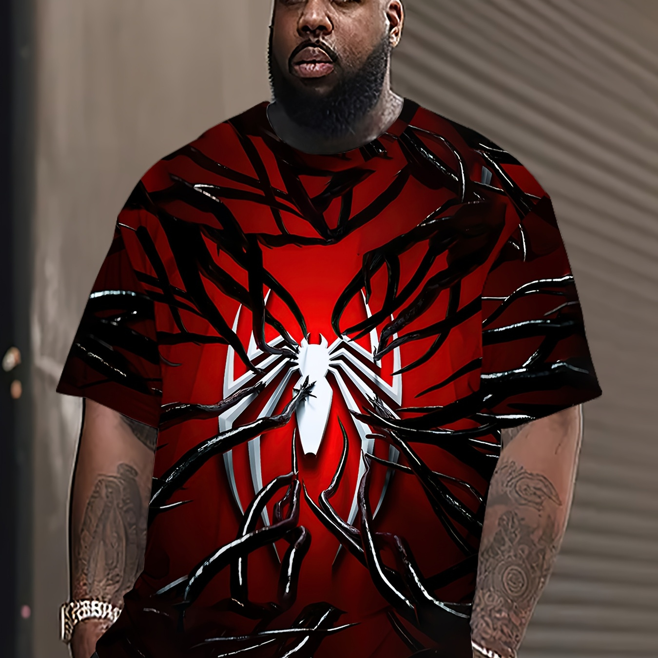 

1pc Men's Plus Size 3d Spider Print T-shirt, Casual Sports Style, Round Neck, Short Sleeve, Polyester Knit Top With Stretch, Regular Fit Graphic Tee