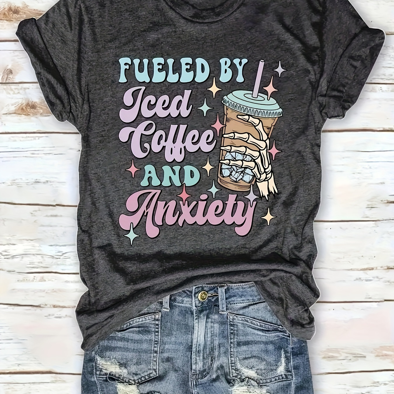 

Plus Size Coffee & Skeleton Print T-shirt, Casual Crew Neck Short Sleeve T-shirt For Spring & Summer, Women's Plus Size Clothing