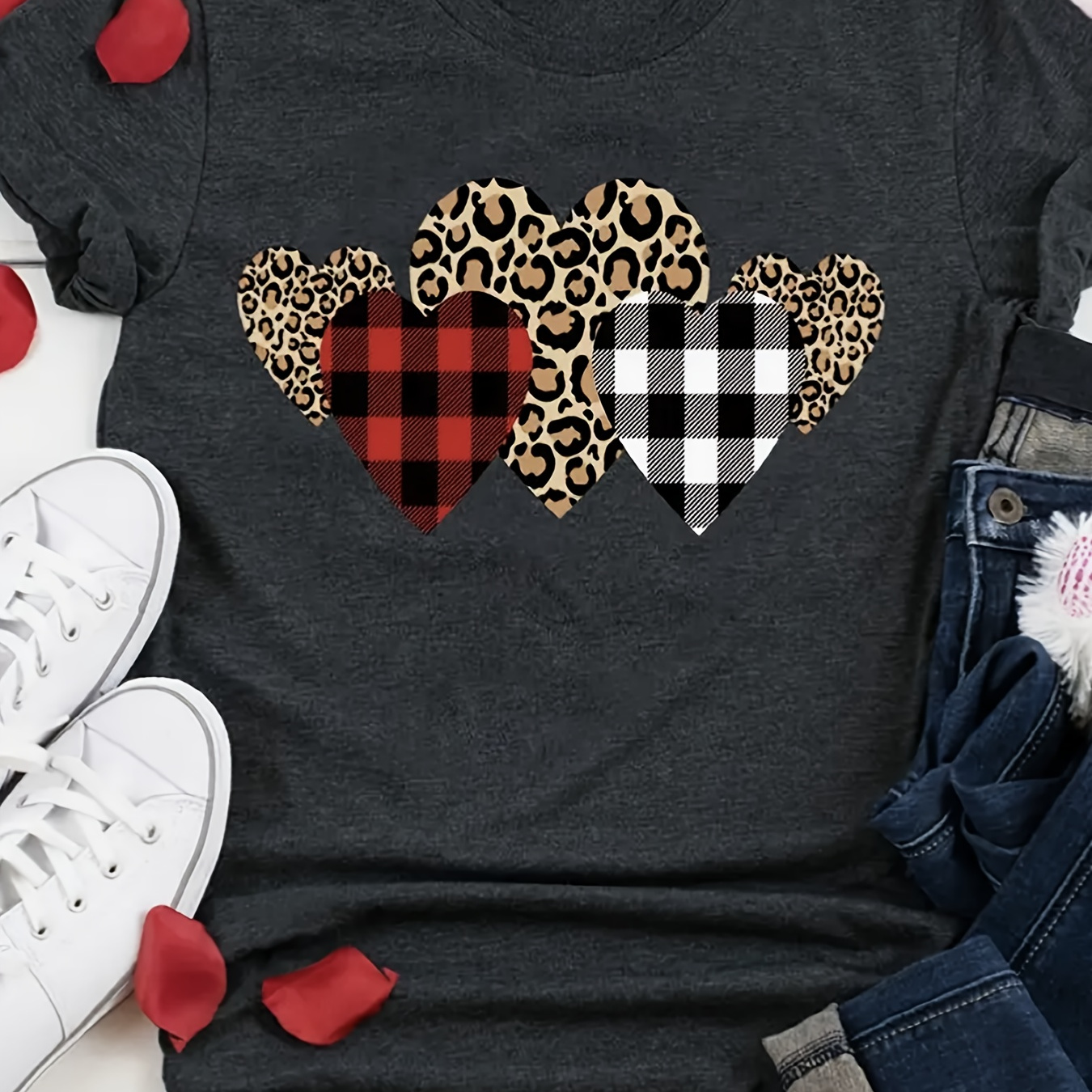 

Heart Neck T-shirts, Short Sleeve T-shirts For Valentine's Day Gifts, Casual Tops, Women's Clothing
