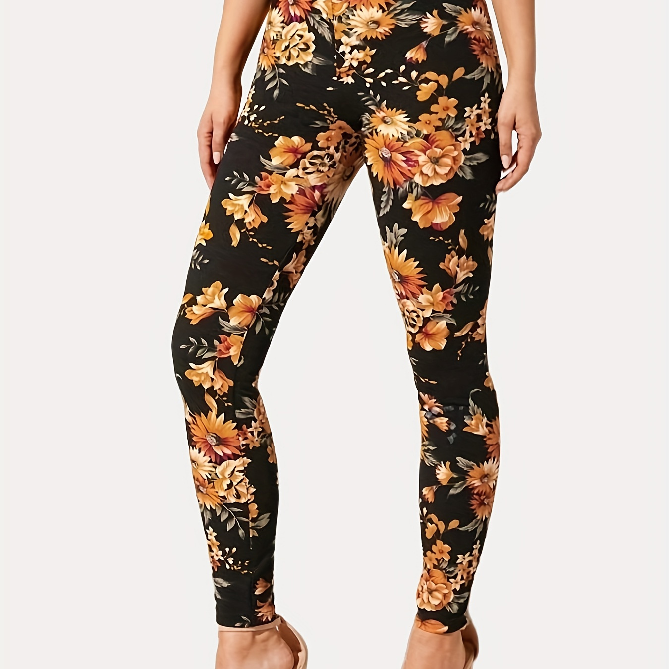 

Floral Print High Waist Skinny Leggings, Elegant Tummy Control Stretchy Leggings, Women's Clothing