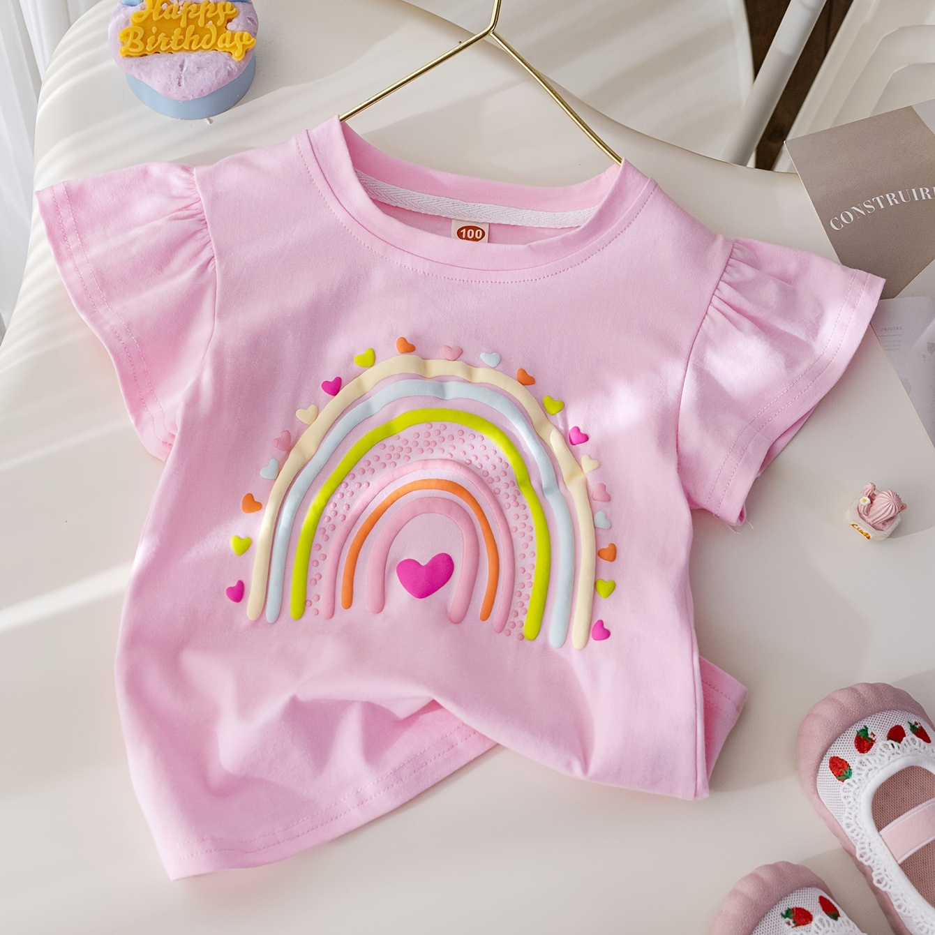 

Girls Breathable & Stylish Flutter Sleeve Rainbow & Hearts Print Cotton Top For Spring & Summer