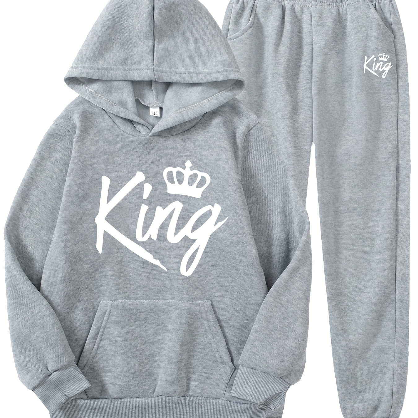 

2pcs Boy's King & Crown Pattern Outfit, Hoodie & Solid Color Sweatpants Set, Casual Hooded Long Sleeve Top, Kid's Clothes For Spring Fall Winter, As Gift