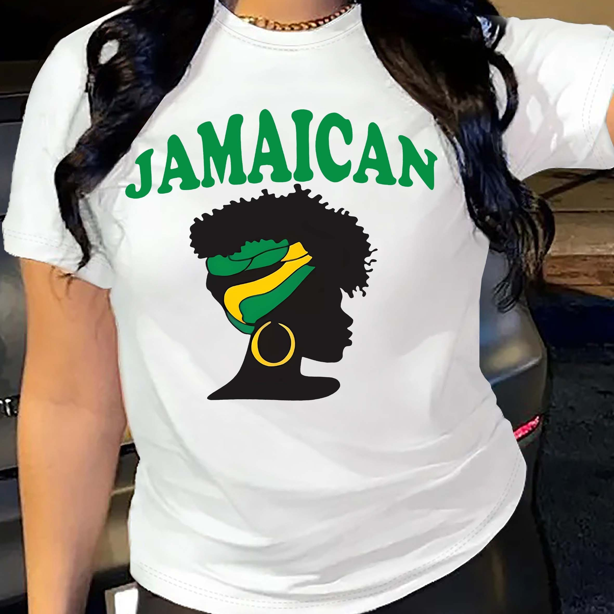 

Jamaican Carnival Portrait Print Crew Neck T-shirt, Short Sleeve Casual Top For Spring & Summer, Women's Clothing