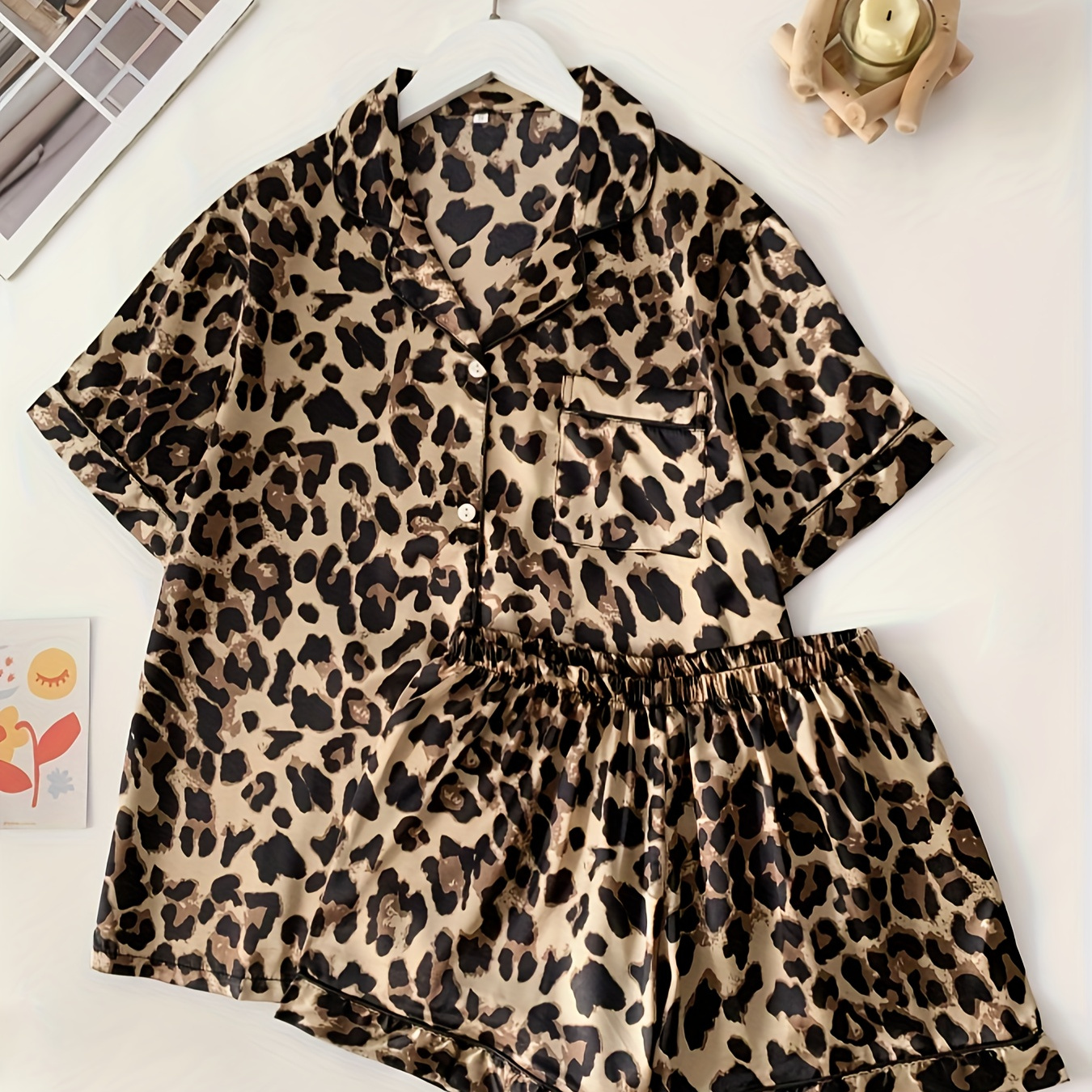 

Women's Leopard Print Satin Mature Pajama Set, Short Sleeve Buttons Lapel Top & Shorts, Comfortable Relaxed Fit