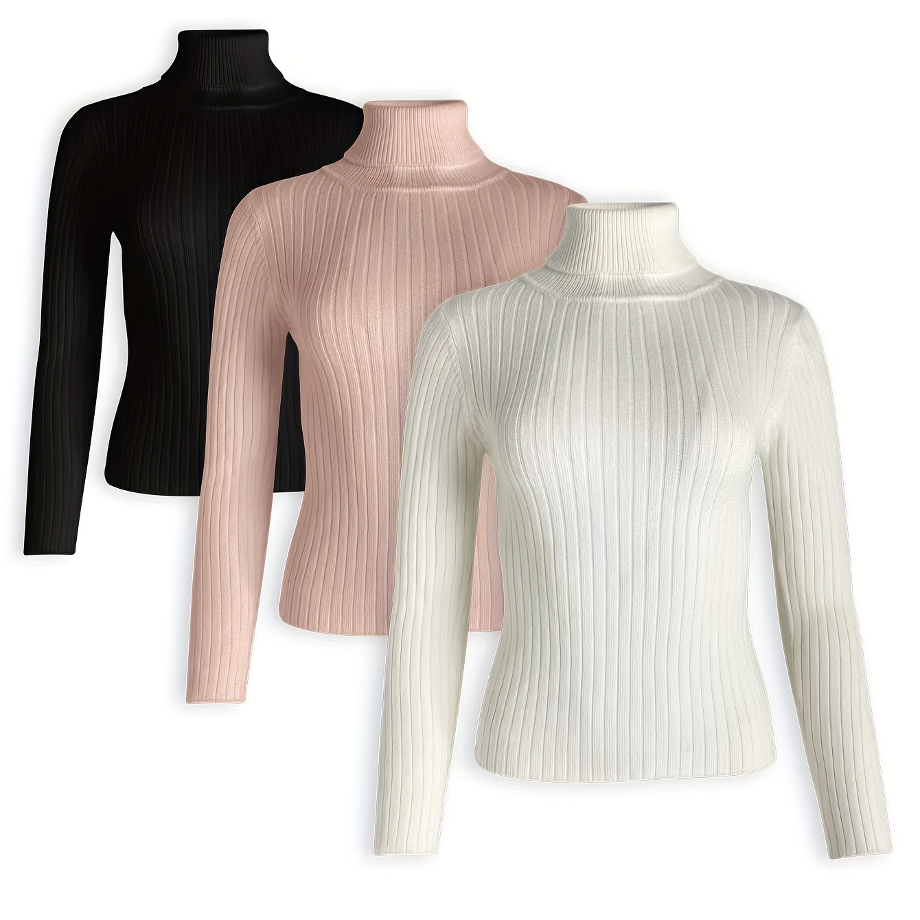

Solid Rib Knit Pullover Sweater 3 Pack, Casual Turtle Neck Long Sleeve Slim Sweater, Women's Clothing