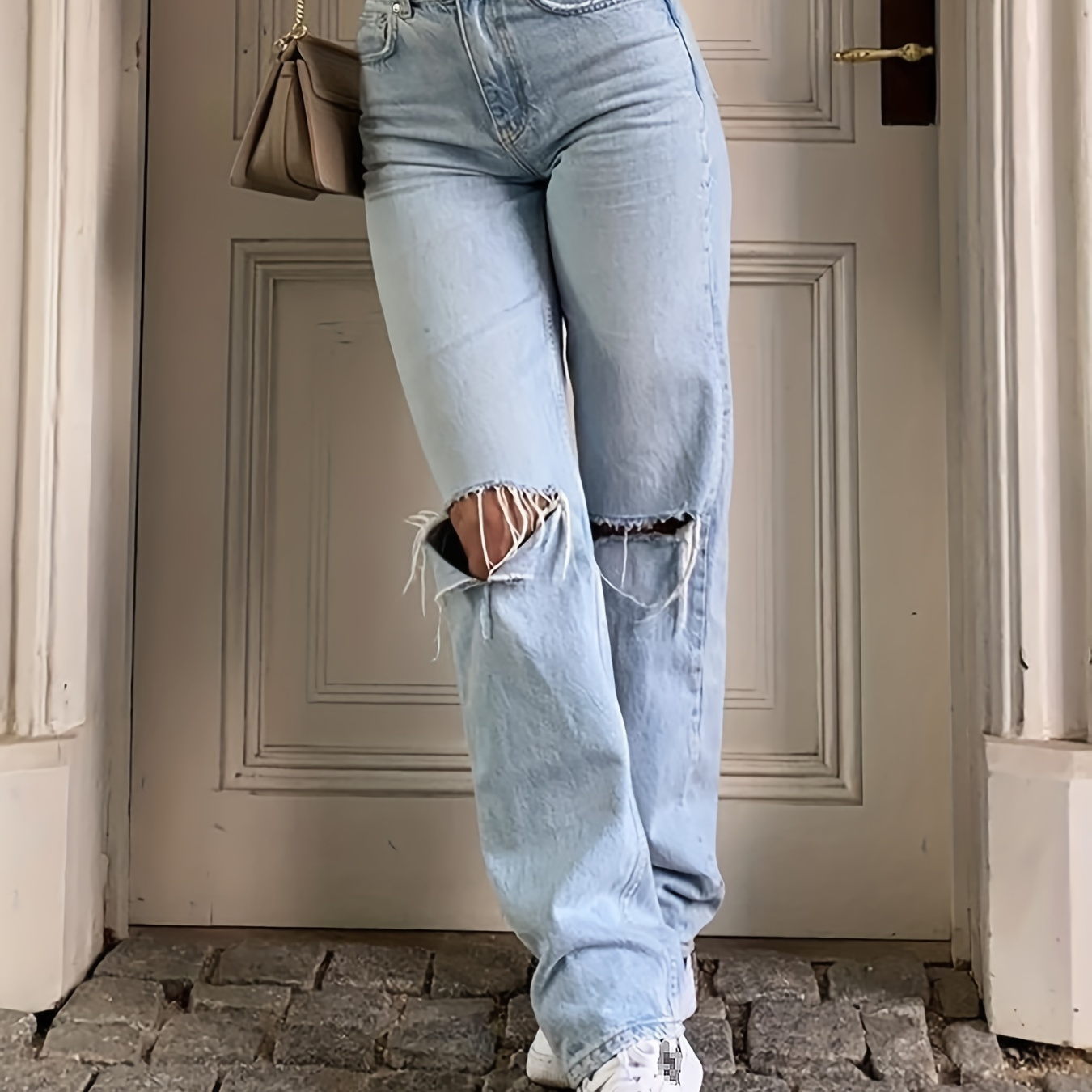High Rise Straight Legs Loose Baggy Fit Ripped Knees Cut Out Front Wide  Legs Distressed Light Blue Boyfriend Jeans Pants, Women's Denim Jeans, Women's  Clothing