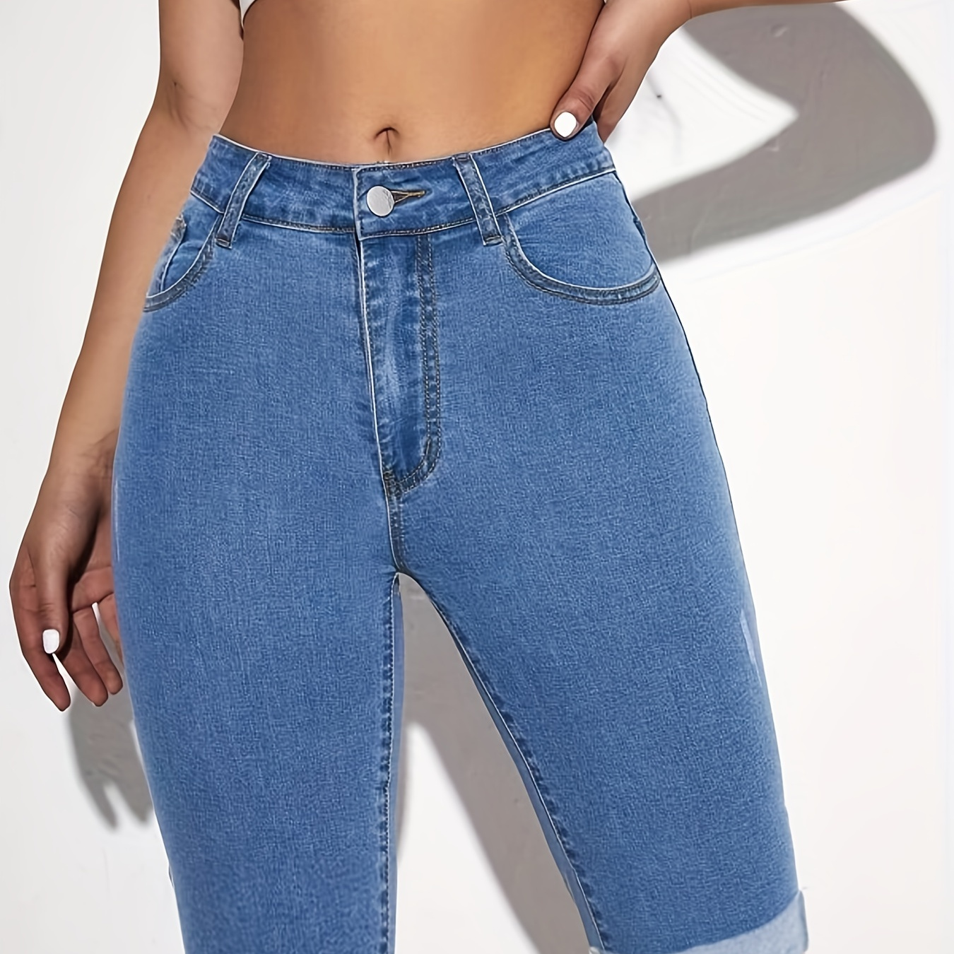 

Roll Up Hem Bermuda Denim Shorts, Slim Fit Slant Pockets High-stretch Denim Jorts, Women's Denim Jeans & Clothing