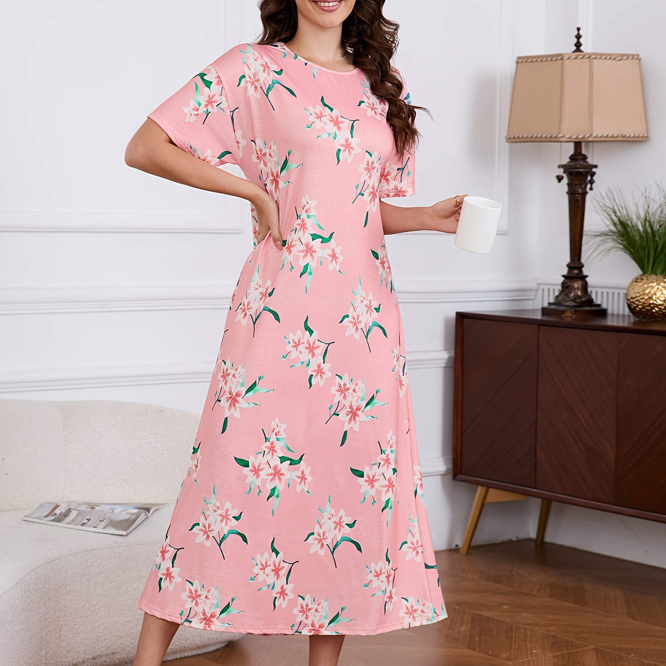 

Women's Floral Print Elegant Lounge Dress, Short Sleeve Round Neck Loose Fit Maxi Dress, Comfortable Nightgown