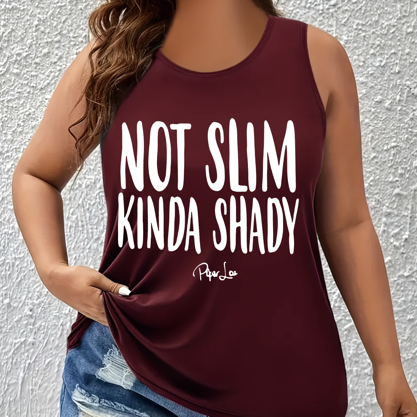 

Plus Size Not Slim Kinda Shady Print Tank Top, Casual Sleeveless Crew Neck Top For Summer & Spring, Women's Plus Size Clothing