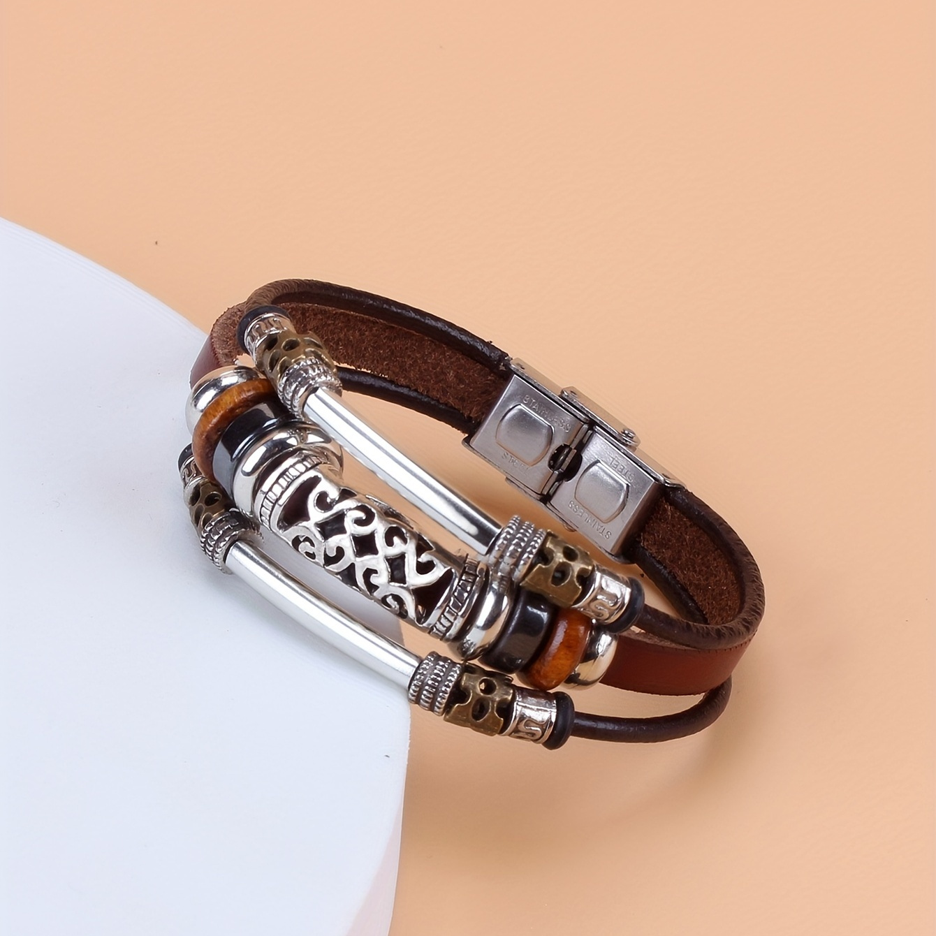 

1pc Fashion Bracelet For Men, Hollow Elbow Beaded Stainless Steel Buckle Cowhide Bracelet Creative Gift