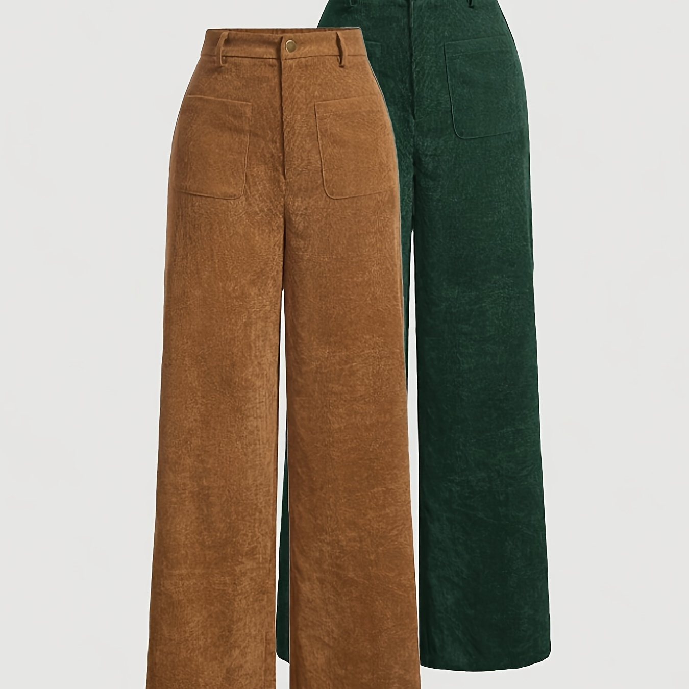 

Women's High-waisted Corduroy Pants Set - Green & Brown, Wide-leg, Polyester Trousers With Pockets