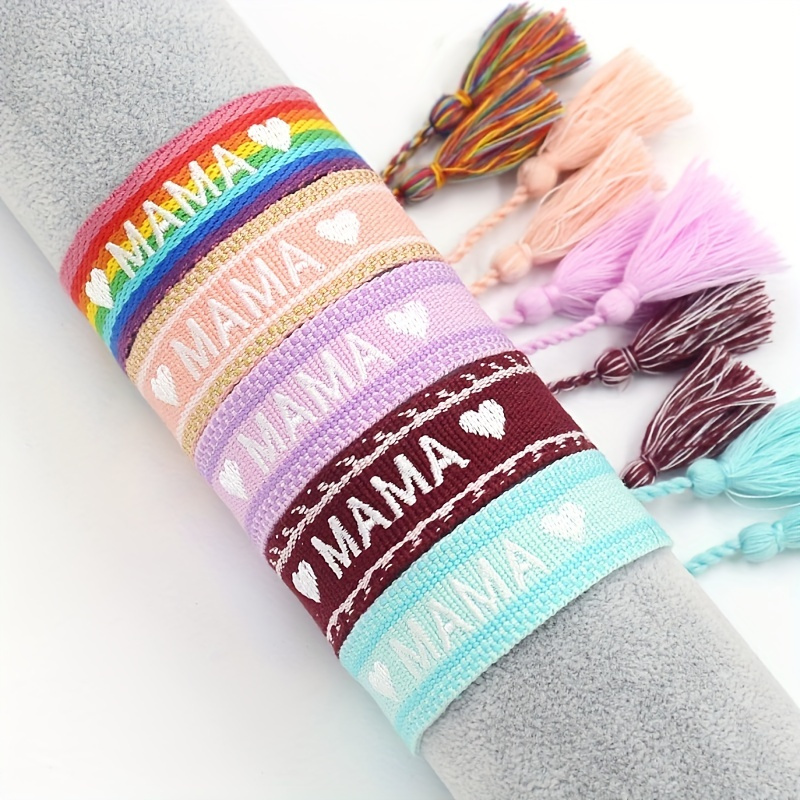 

Trendy Ethnic Style Letter Mama And Love Heart Shaped Embroidered Bracelet, Hand Woven Tassel Bracelet, Mother's Day Gift