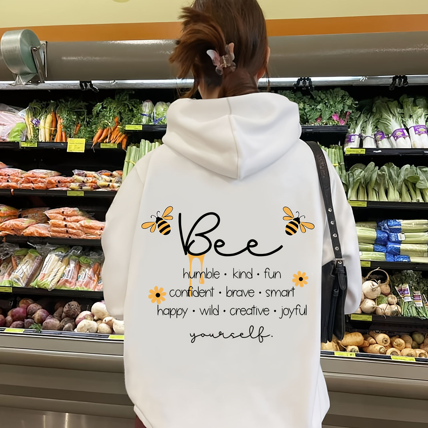 

Inspirational Quote & Bee Graphic - 100% Pullover Drawstring , Pattern, - 's Knit Hooded Sweatshirt For /fall