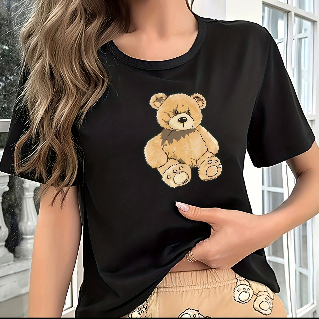 

Women's Cute Cartoon Bear Graphic T-shirt, Casual Short Sleeve Round Neck Tee, Relaxed Fit Top For Daily Wear