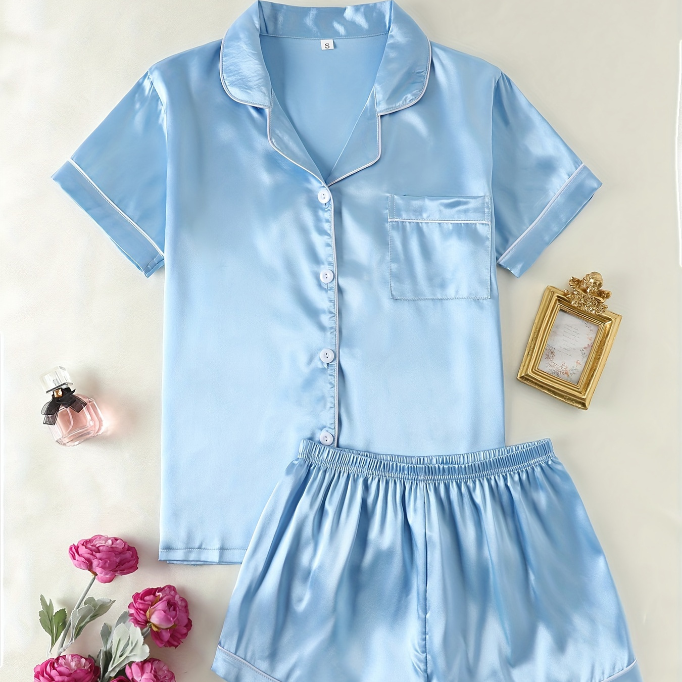 TEMU Simple Solid Satin Lounge Set, Short Sleeve Button Up Lapel Collar Top & Elastic Shorts, Women's Loungewear