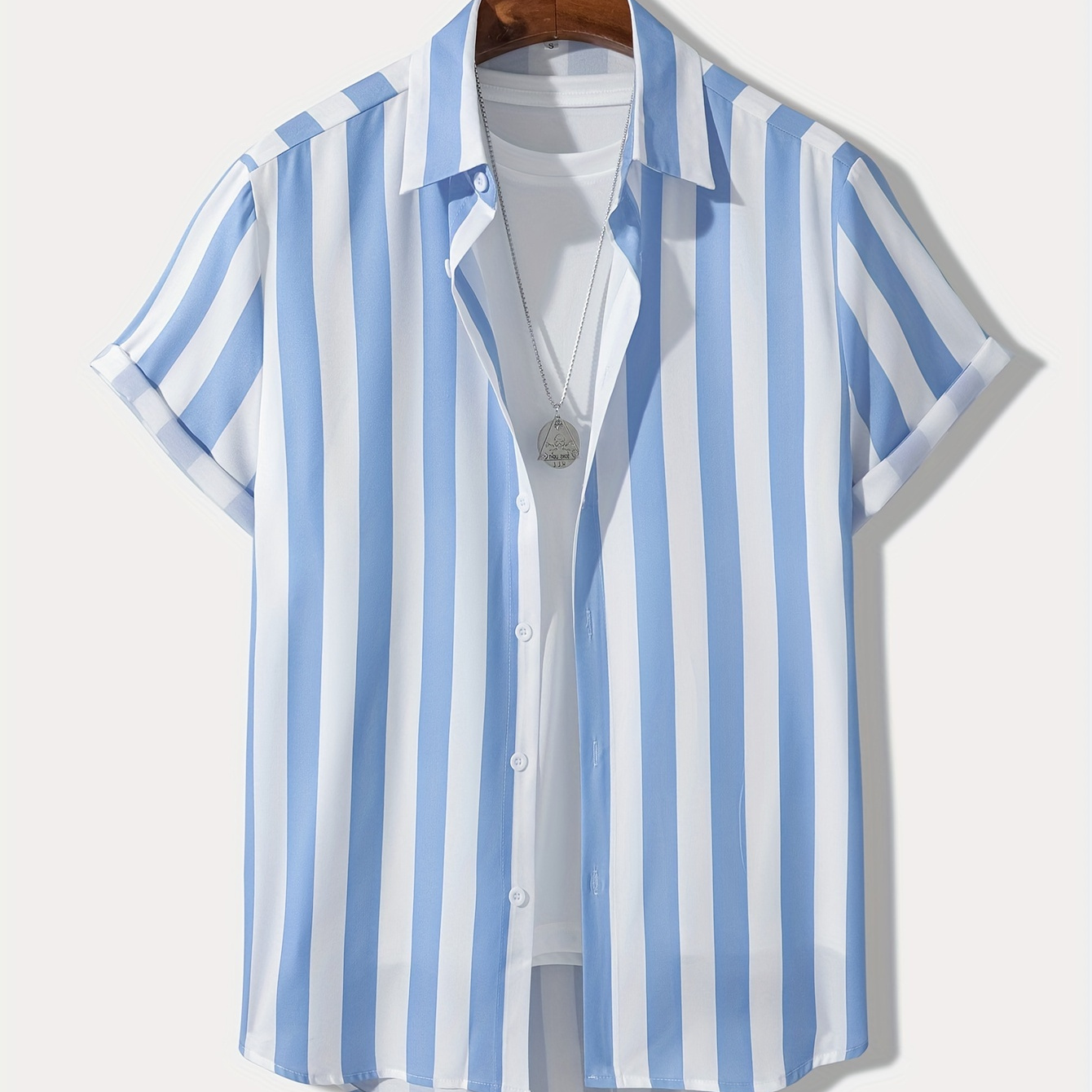 Striped Print Lapel Neck Short Sleeve Shirt, Men's Non-Stretch Casual Summer Classic Shirt Vacation Resort Tops for Men,Casual,Temu
