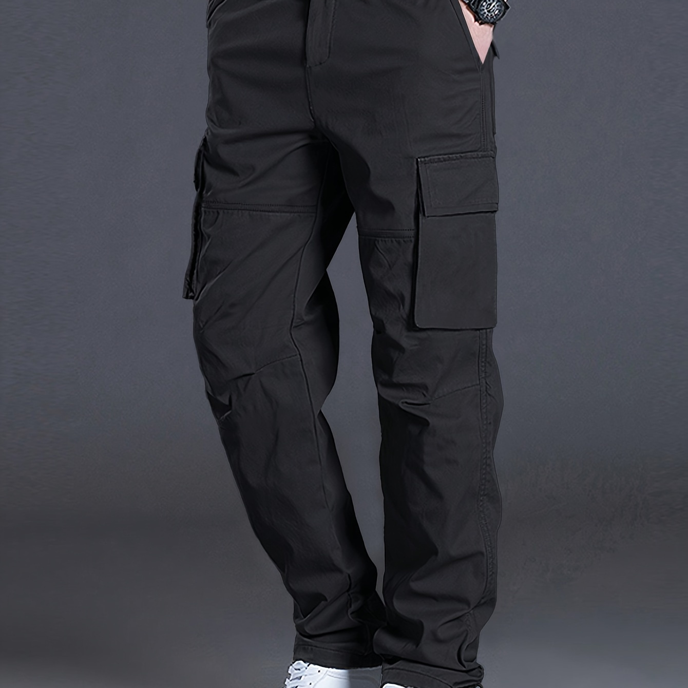 

Men' Color Cargo Pants With Multiple Pockets, Casual Waist Drawstring Trousers, Polyester Workwear Pants With Slight Stretch, Regular Fit Streetwear