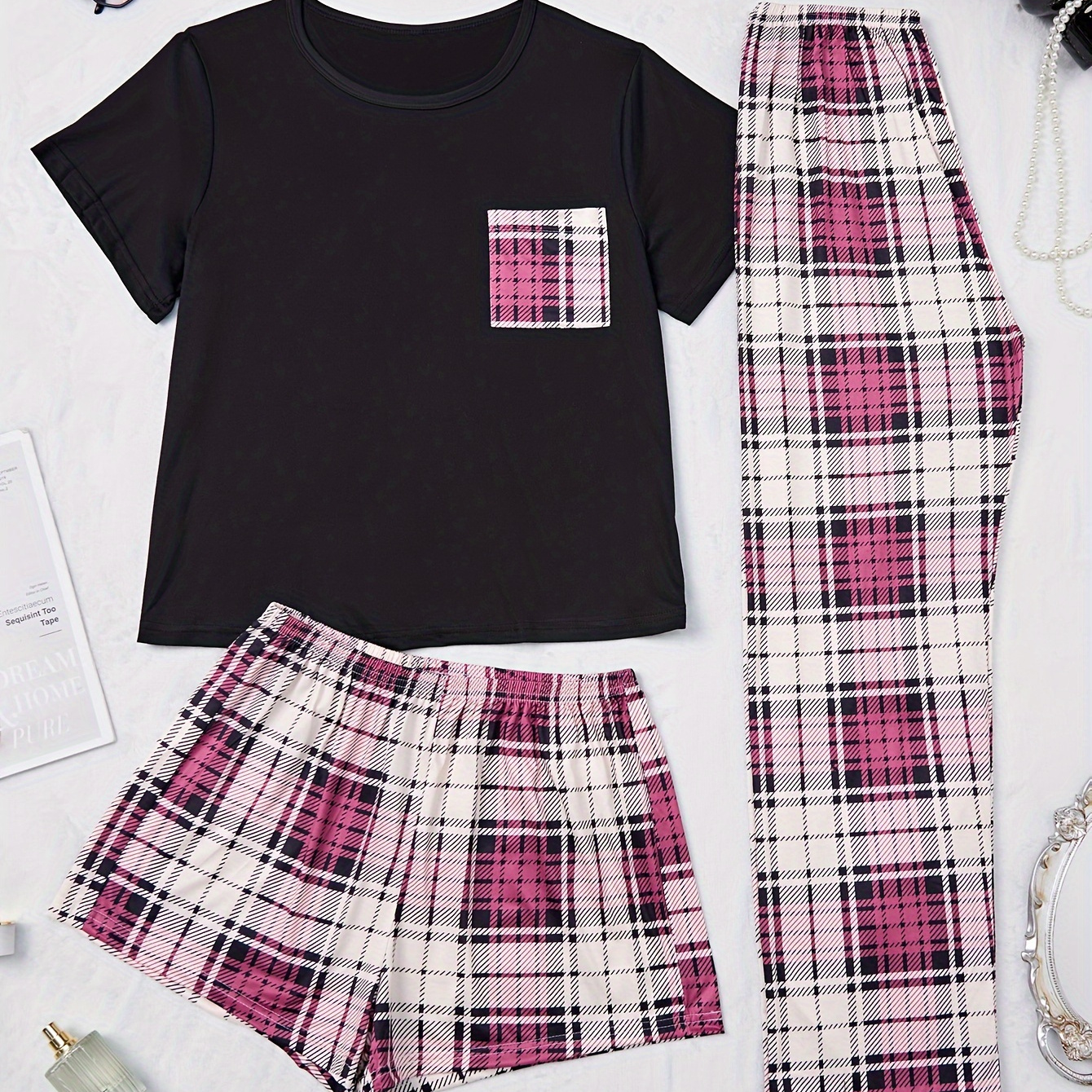 

Colorblock Plaid Print Pajama Set, Casual Short Sleeve Round Neck Top & Shorts & Pants, Women's Sleepwear