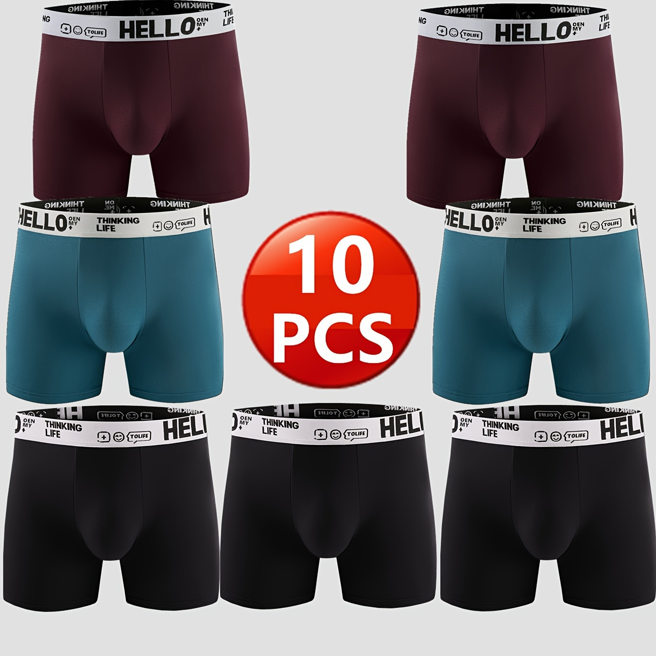 

10pcs Mixed Color Men's Cotton Boxer Briefs, Fashion Hello Letter Elastic Belt Breathable Comfy Stretchy Boxer Trunks, Sports Shorts, Men's Casual Underwear