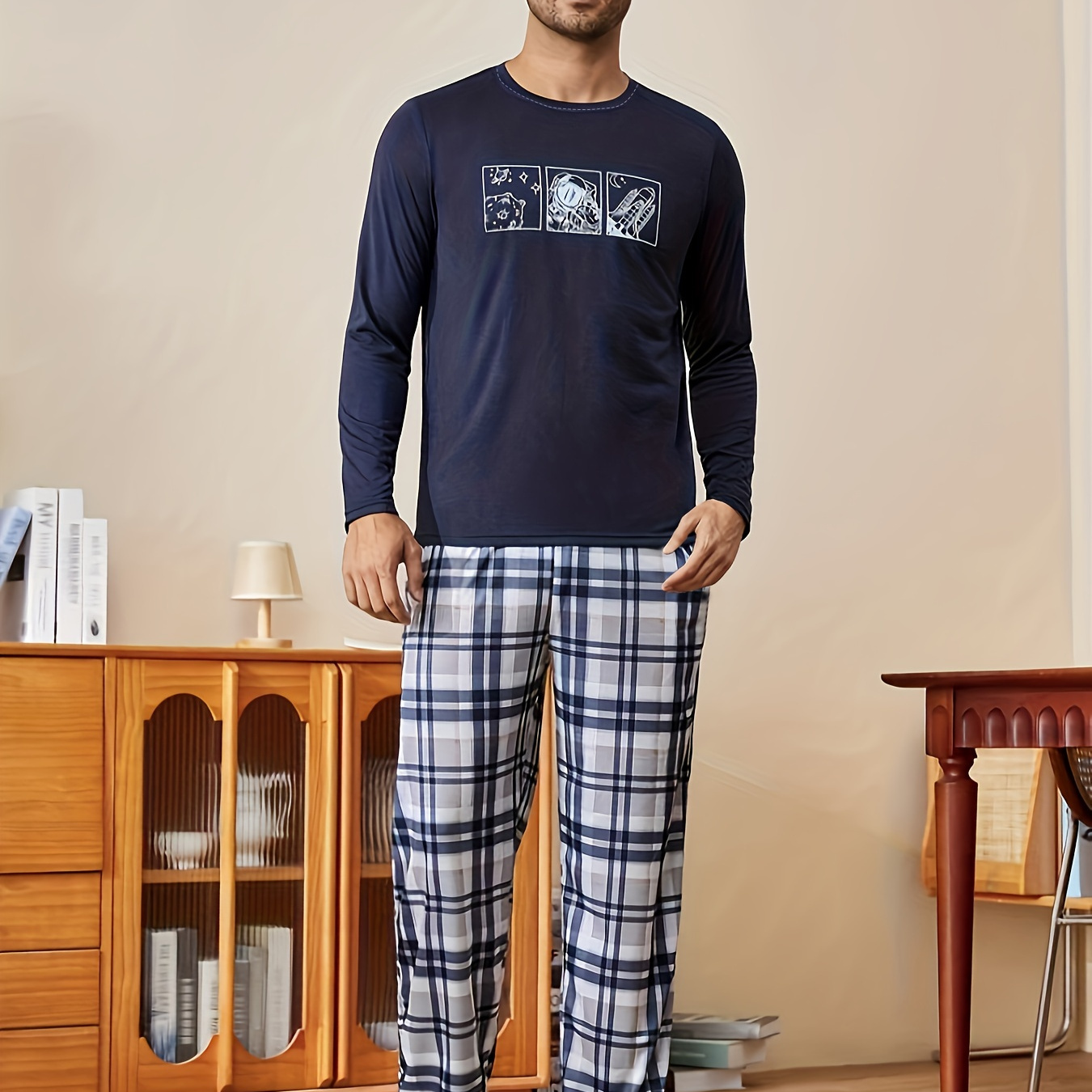 

Men's Casual Crew Neck Pajama Set With Galaxy Print - Polyester Knit Fabric Sleepwear With Elastane, Cozy Plaid Long Sleeve Loungewear For Fall/winter