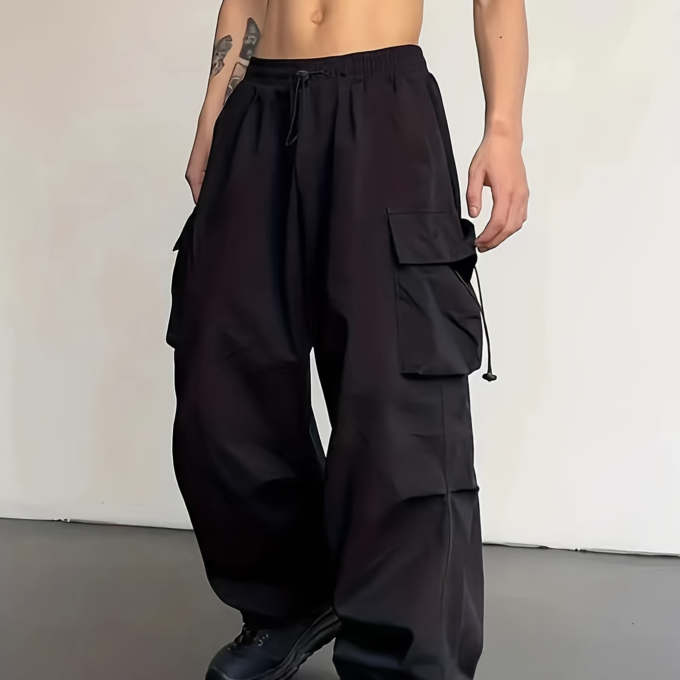 

Men' Solid Color Cargo Pants With Flap Pockets And Side Drawstring Waist - Unisex Adult Polyester Casual Work Pant, Woven, Non-stretch,