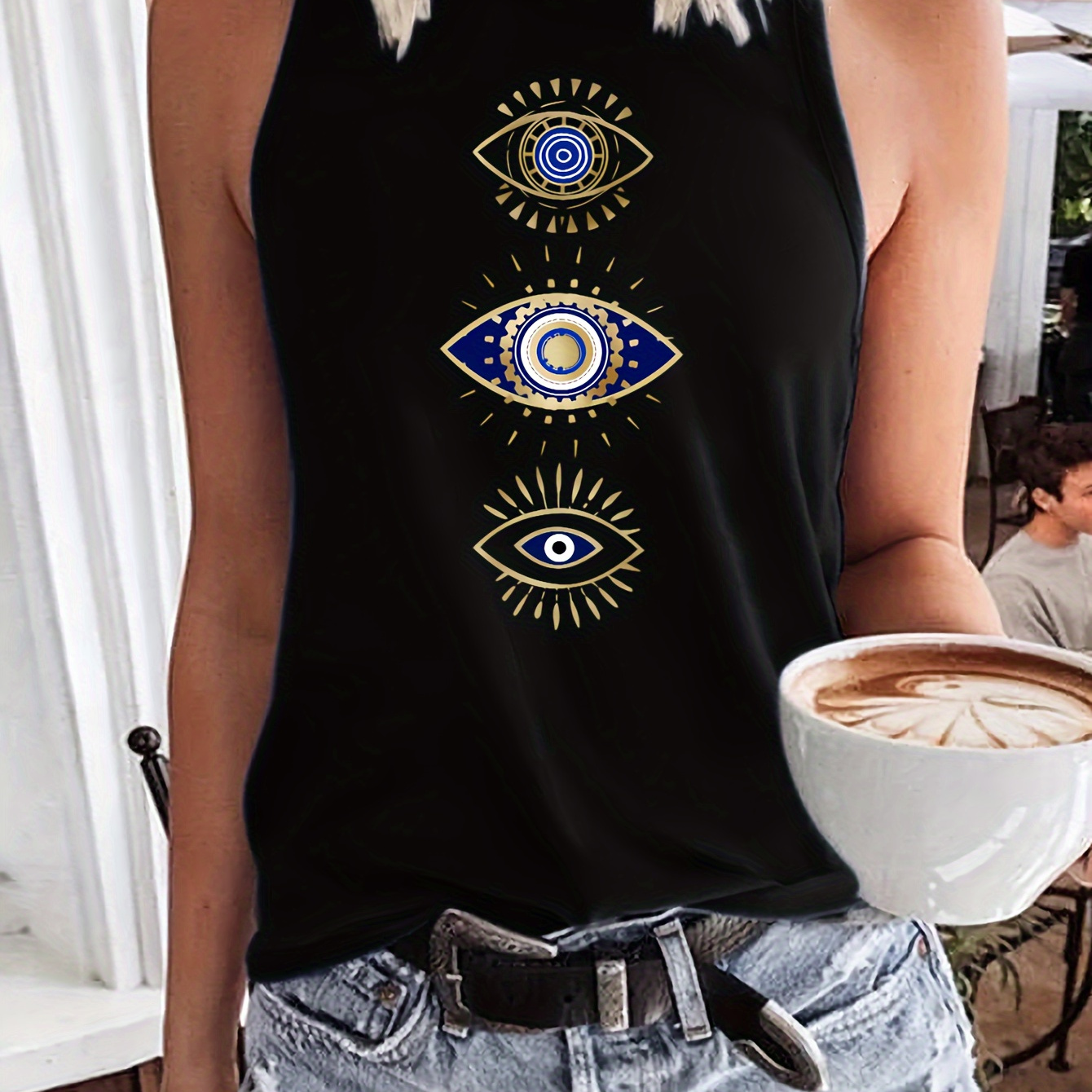 

Eyes Graphic Print Tank Top, Sleeveless Crew Neck Casual Top For Summer & Spring, Women's Clothing