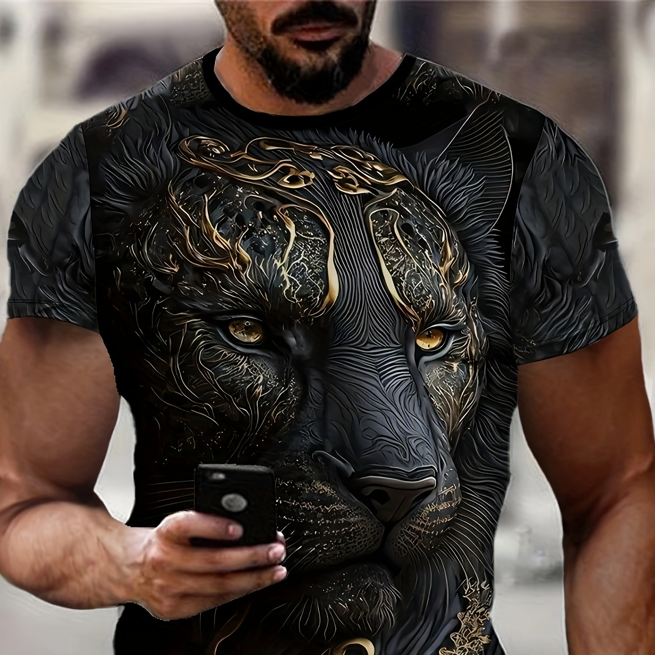 

Men's 3d Tiger Print T-shirt, Golden Texture, Crew Neck, Casual Short Sleeve Top, Summer Outdoor Sports Wear, 100% Polyester, Stretch, Regular Fit, 110gsm Knit Fabric - Middle