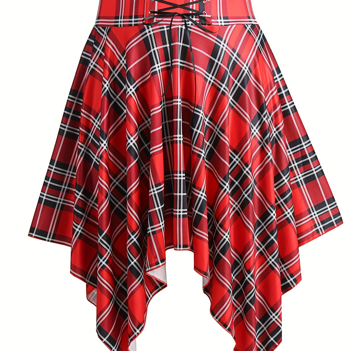 Plus Size Y2k Skirt, Women's Plus Plaid Print Lace Up Asymmetrical Hem Preppy Mini Skirt