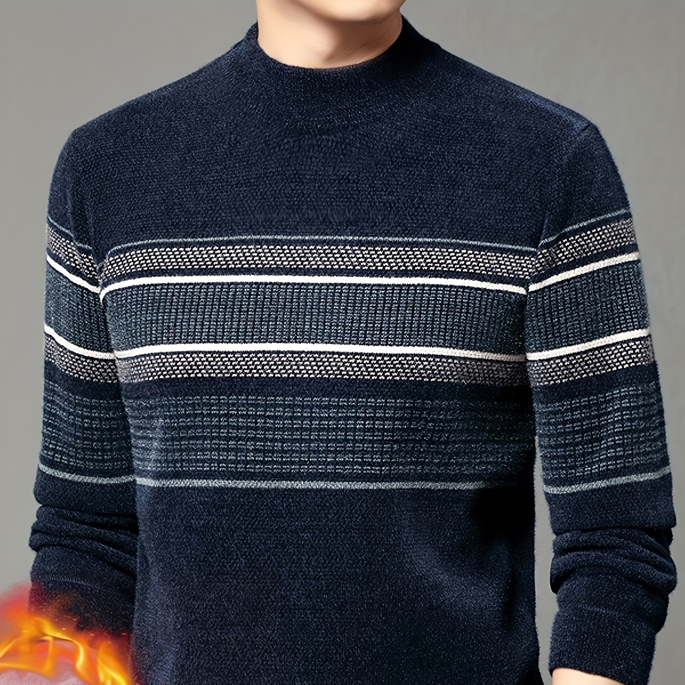 

Casual Striped Crew Neck Pullover For Men - Winter Thickened Lined Knitted Sweater With Regular Fit, Long Sleeves, And Slight Stretch (material: 61.9% Polyester, 38.1% Nylon; Flocking Detail)