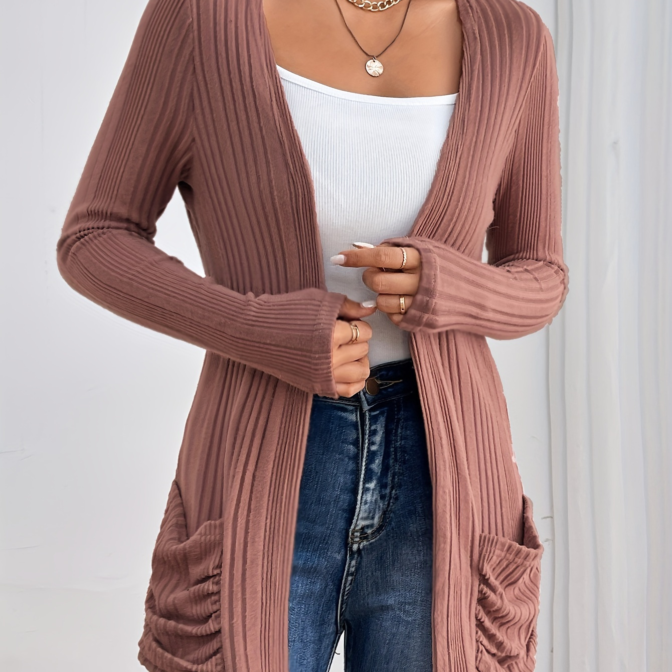 

Solid Open Front Rib Knit Cardigan, Casual Long Sleeve Slim Cardigan With Pocket, Women's Clothing