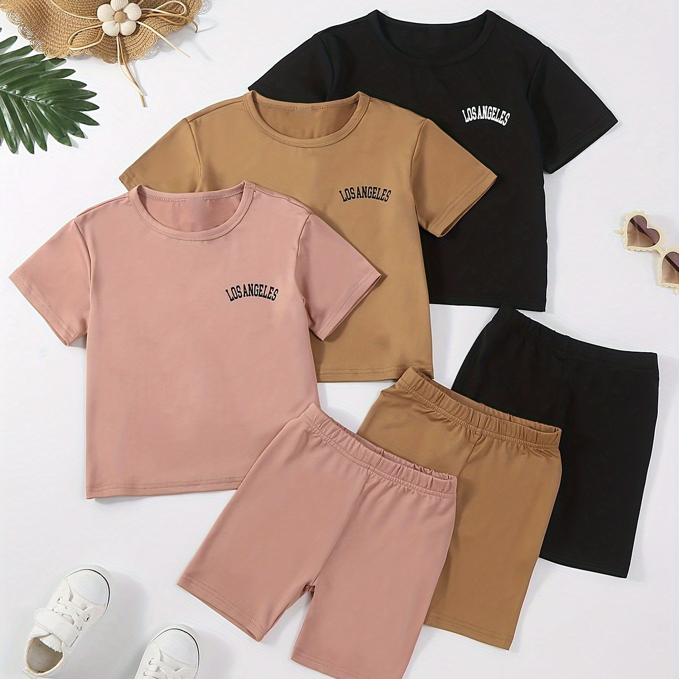 

3 Sets Toddler Girls Outfits, Los Angeles Letter Print Short Sleeve T-shirt Tops + Casual Shorts Set, Comfy Versatile Summer Sets