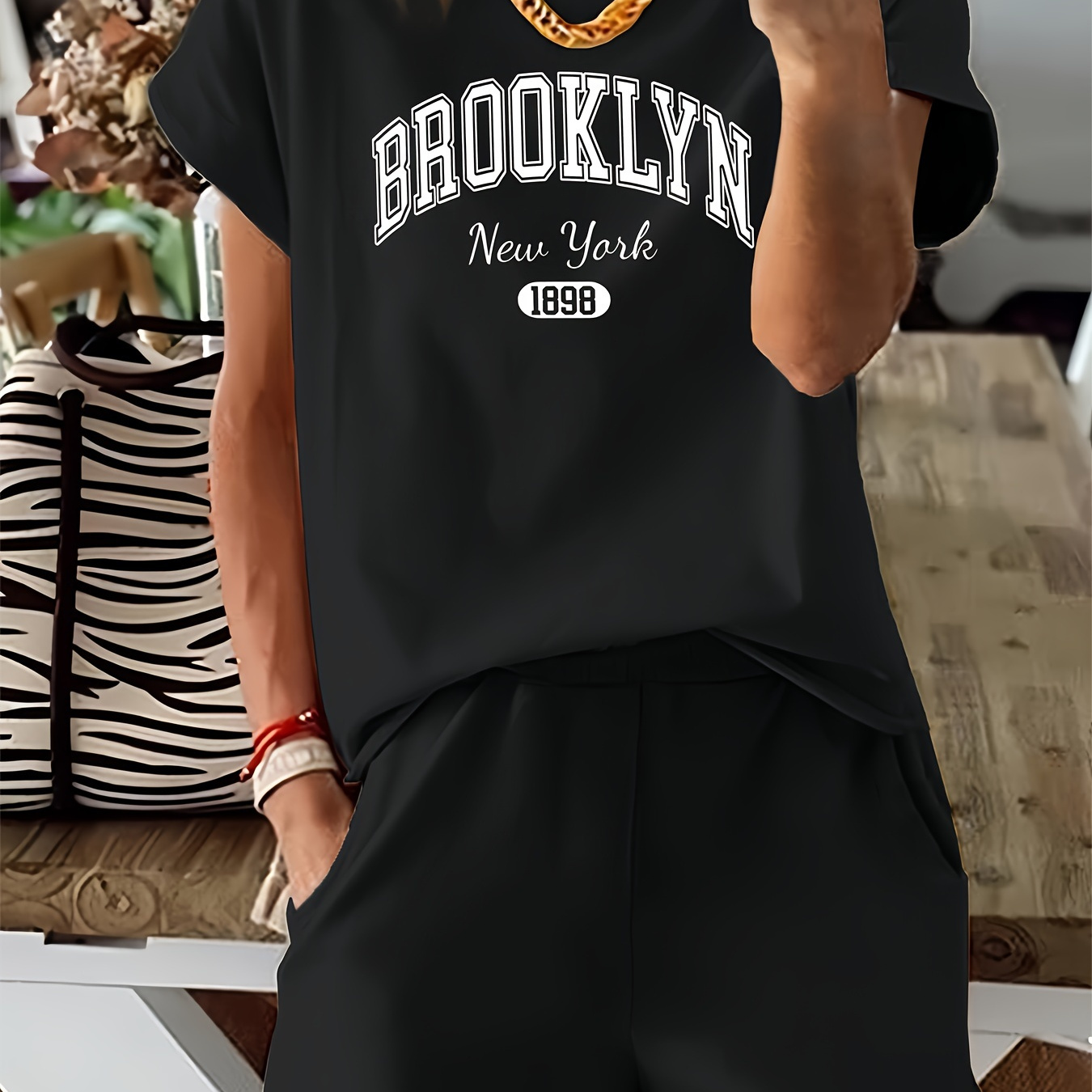

Letter Print 2 Piece Set, Short Sleeve T-shirt & Shorts, Women's Clothing