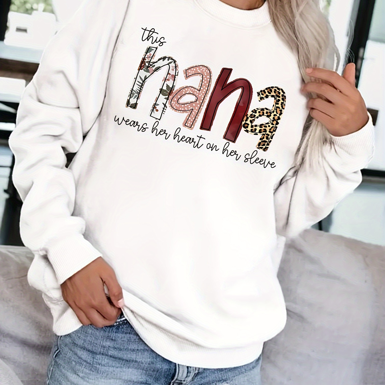 

Nana Letter Print Sweatshirt, Casual Crew Neck Long Sleeve Sweatshirt, Women's Clothing