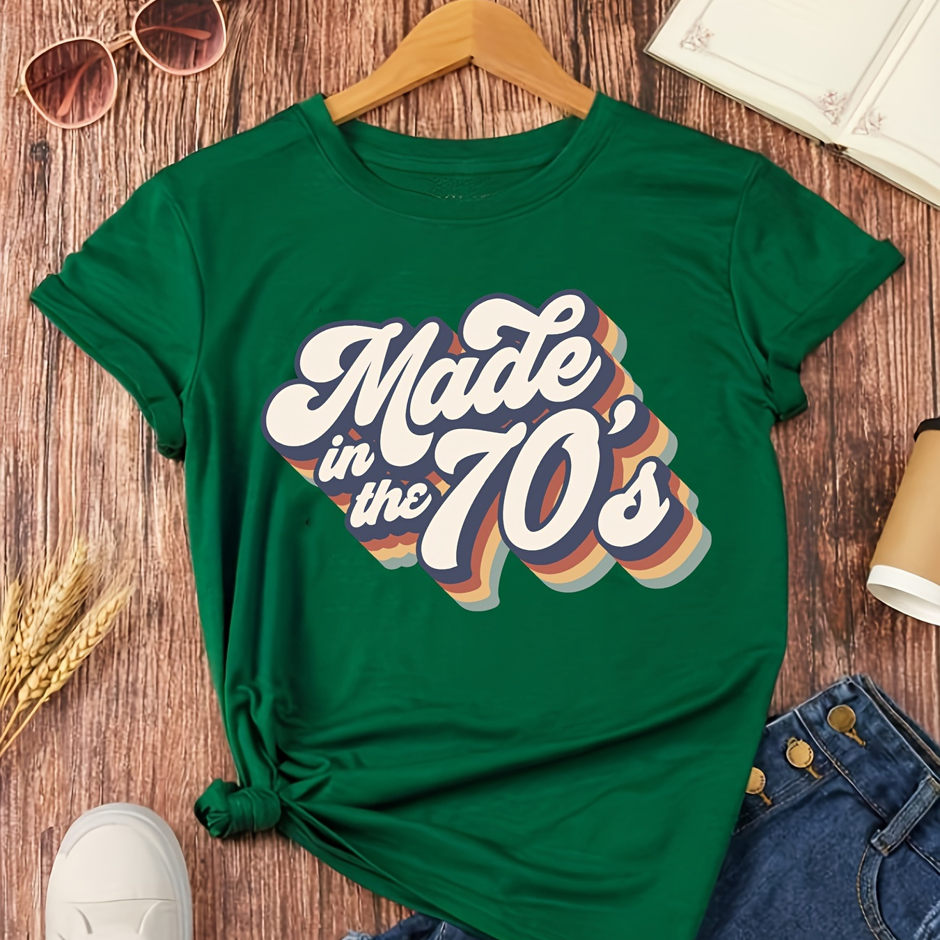 

Made In 70's Print Crew Neck T-shirt, Short Sleeve Casual Top For Spring & Summer, Women's Clothing