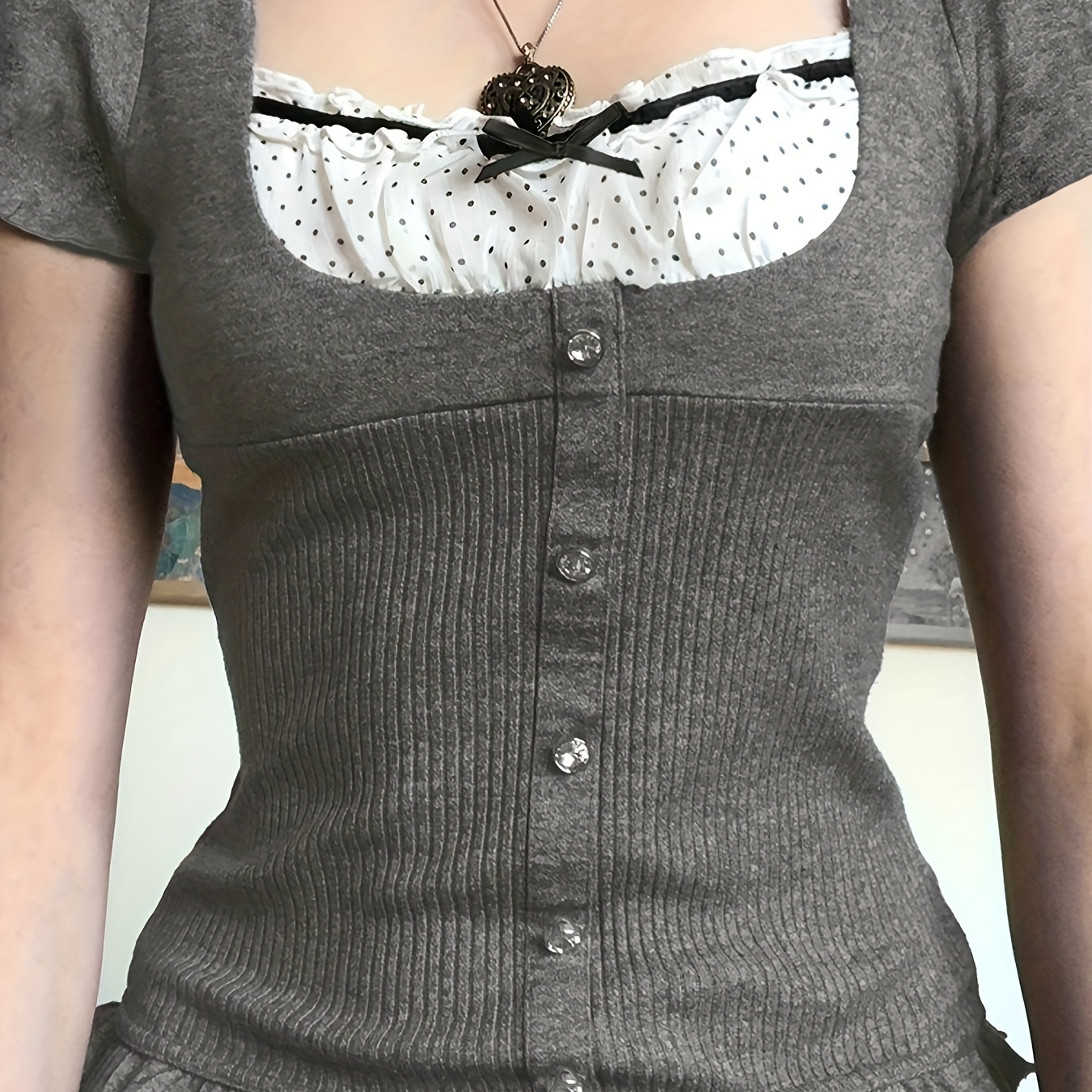 Faux Twinset Button Decor T-Shirt, Y2K Ruffle Hem Short Sleeve Top For Spring & Summer, Women's Clothing For Cute/Coquette Style