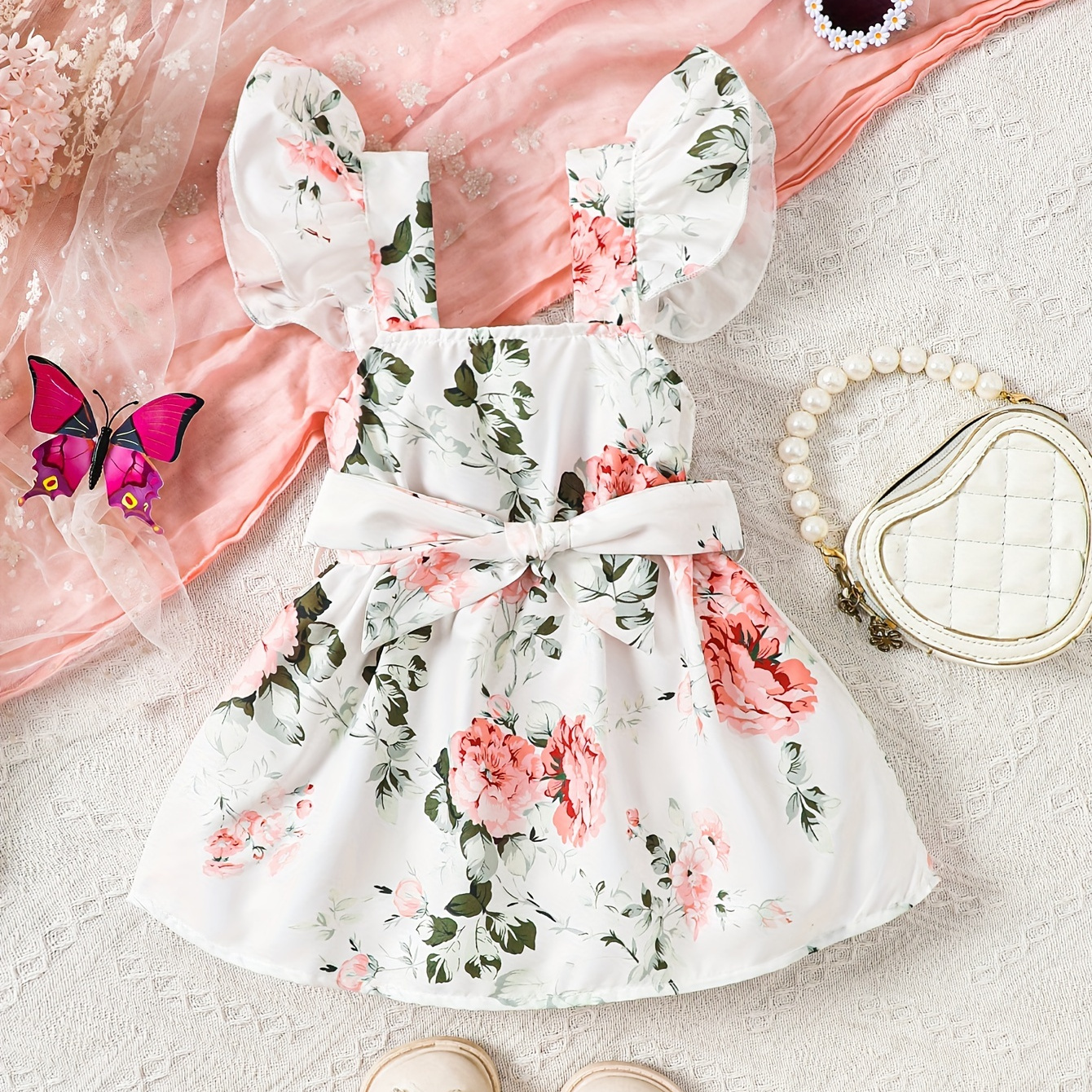 

Baby's Floral Pattern Belted Dress, Casual Cap Sleeve Dress, Infant & Toddler Girl's Clothing For Summer/spring, As Gift