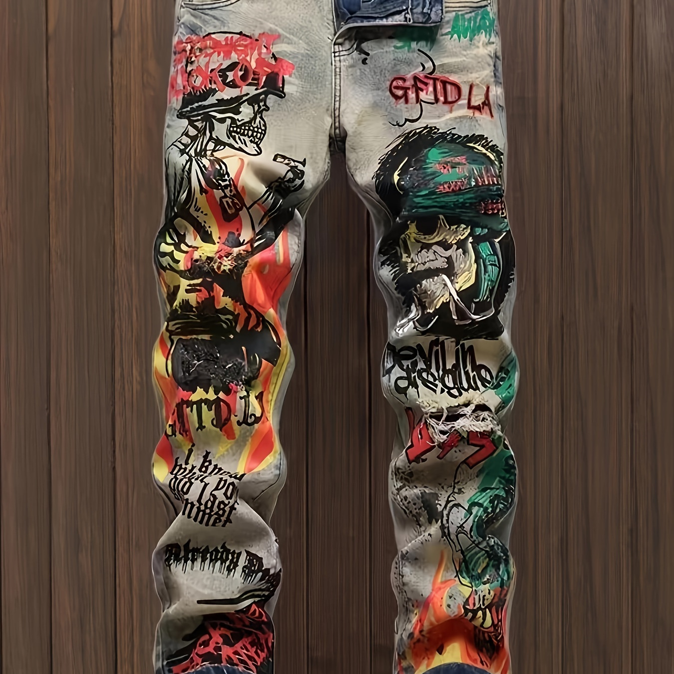 

Men's Vintage Style Jeans With Novelty Skull Patter, Street Style Jeans For Males