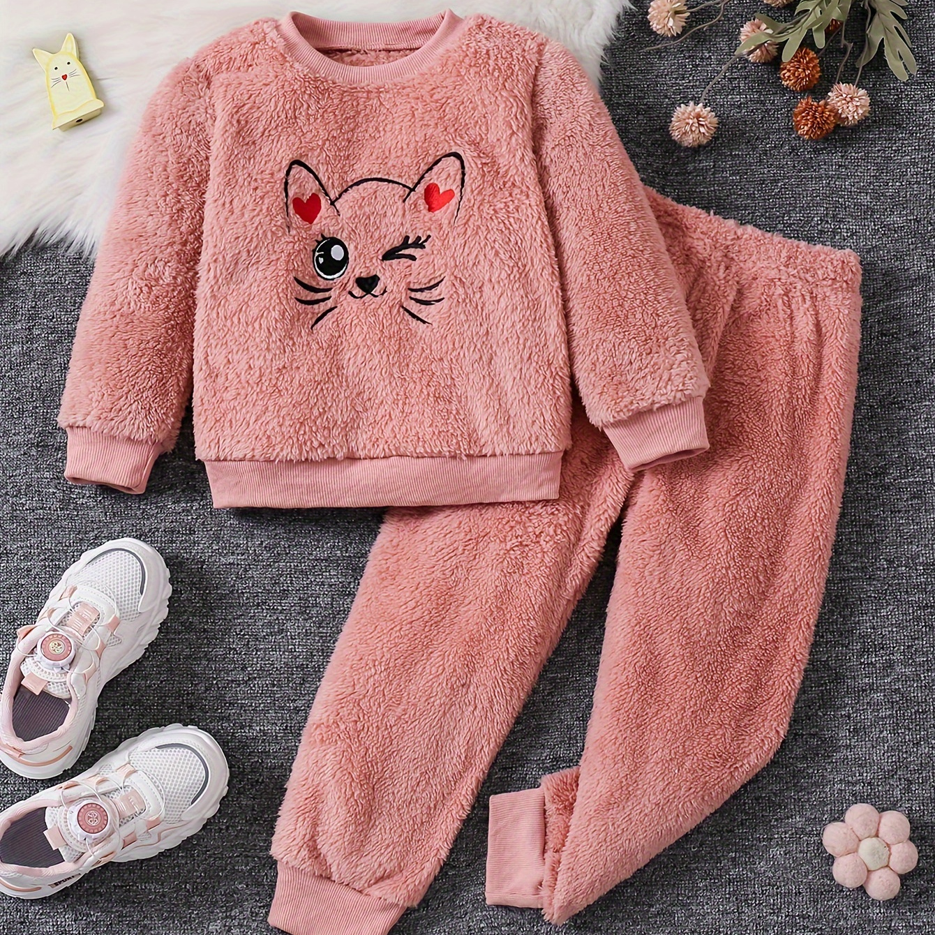 

Cat Embroidery 2pcs Fuzzy Fleece And Pants 's And , For