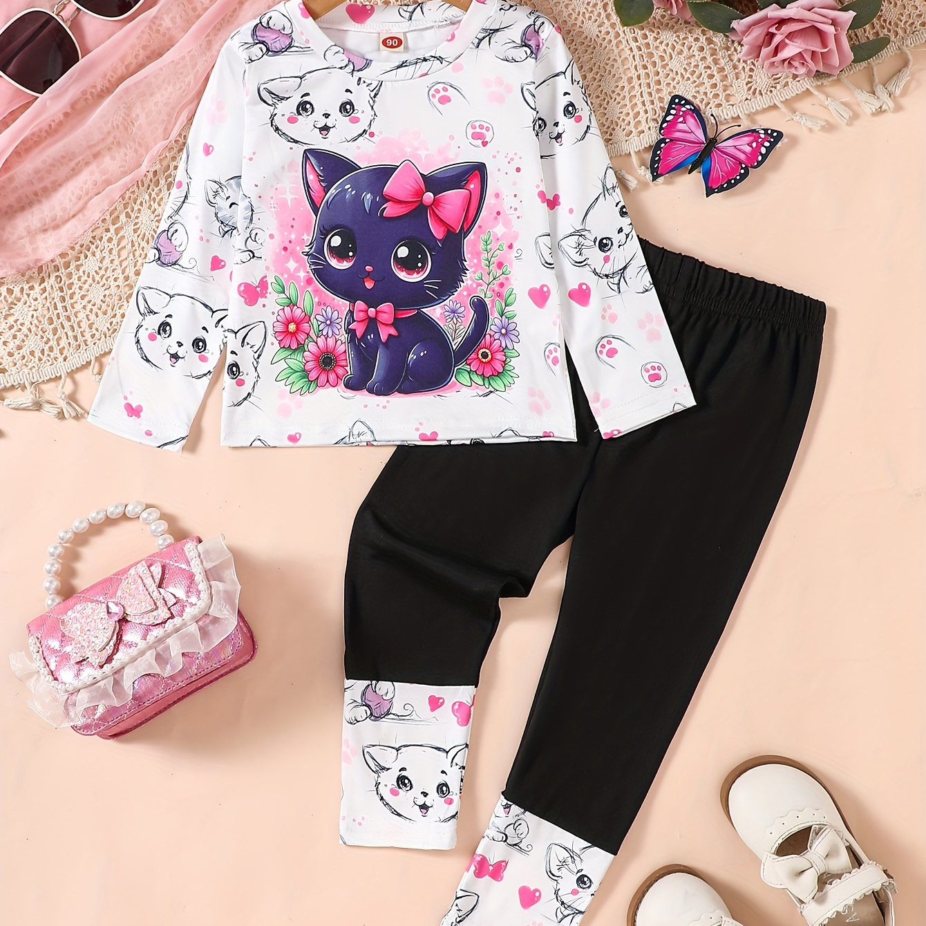 

2pcs Set, Girl's Cat Bow Pattern Long T- + Printed Spliced Pants Set, Comfortable & Fashionable Girl's And Clothes. Suitable For . Suitable For , For