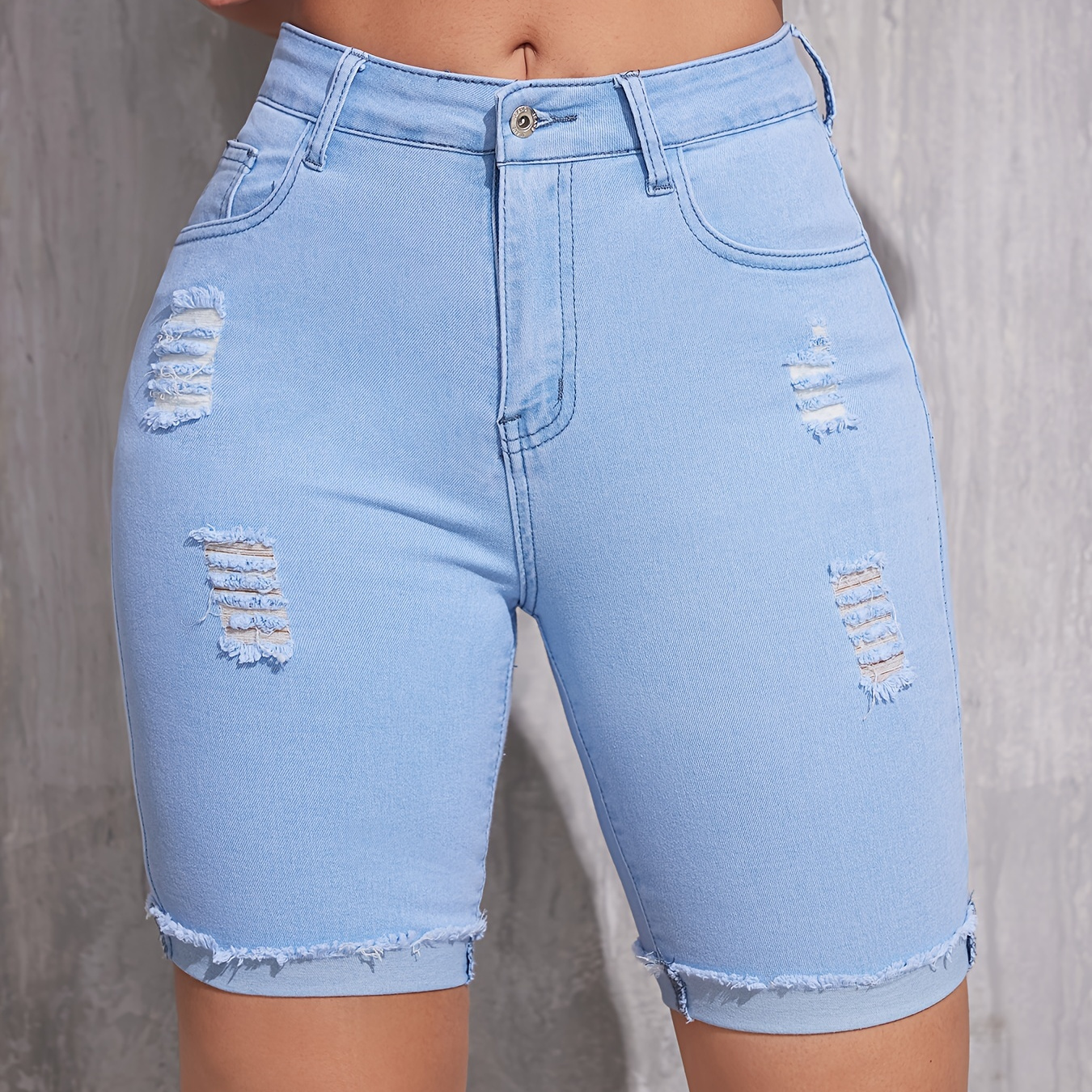 

Rolled Hem Slimming Denim Shorts, Slash Pockets Ripped Holes Short Denim Pants, Women's Denim Jeans & Clothing