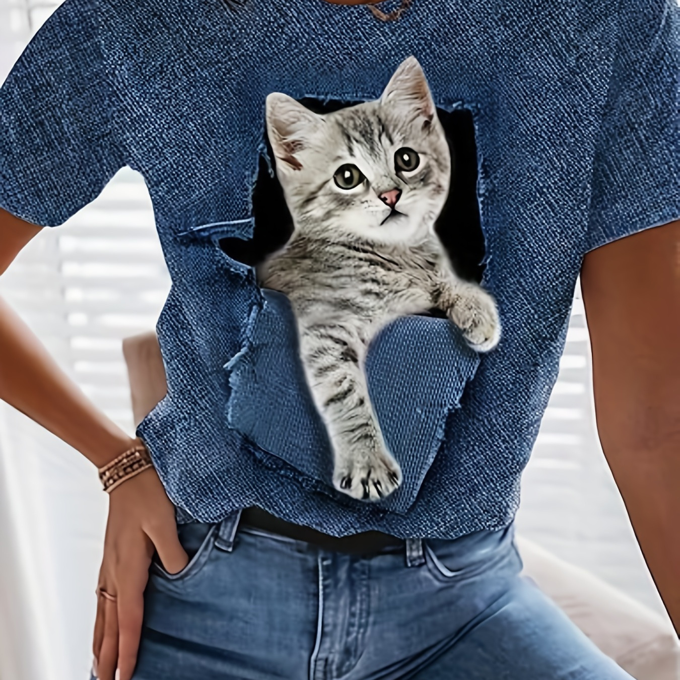 Cute Cat Print T shirt Casual Crew Neck Short Sleeve Summer