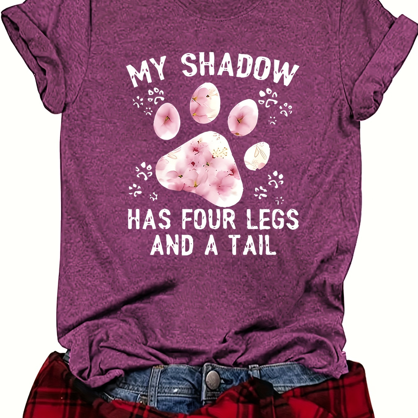 

Paw Print Crew Neck T-shirt, Casual Short Sleeve Top For Spring & Summer, Women's Clothing