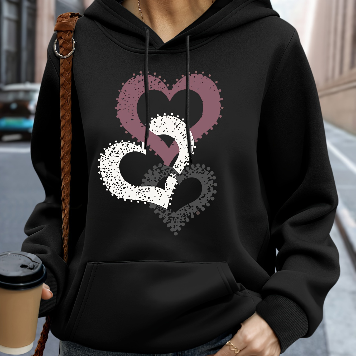 

Women's Plus Size Heart Print Hoodie, Casual Pullover Sweatshirt With Drawstring, 100% Polyester Knit Fabric, Stretch, Fall/winter Collection