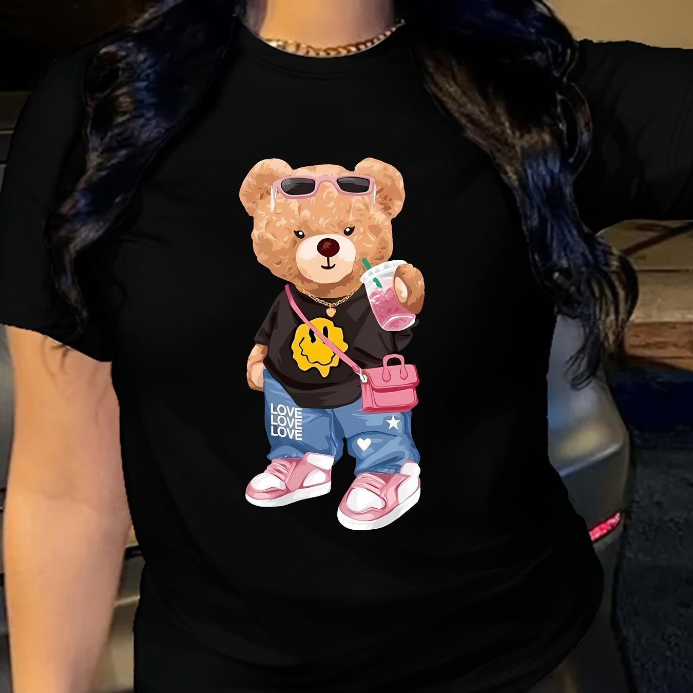 

Bear Print T-shirt, Short Sleeve Crew Neck Casual Top For Summer & Spring, Women's Clothing