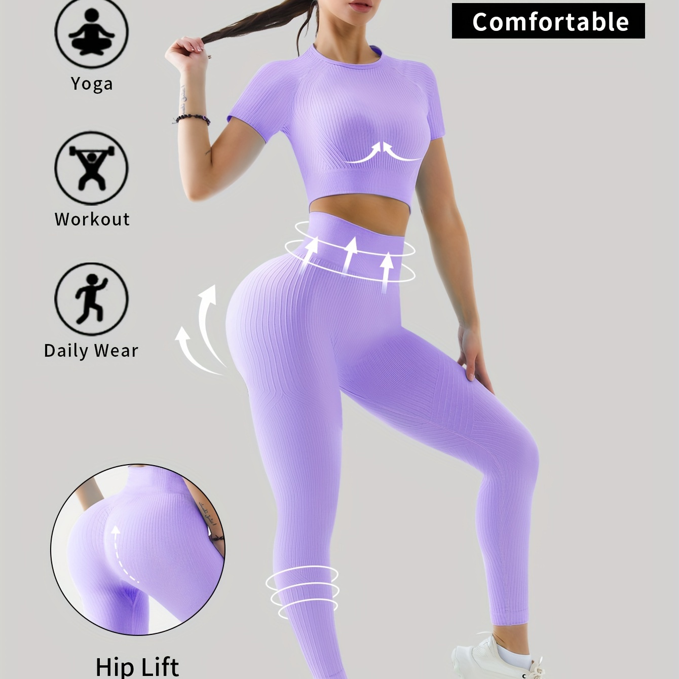 

Women's High Waist Hip Lift Yoga Pants And Stretchy Crop Top Set, Sporty, Comfortable Fits For Workout And Daily Use