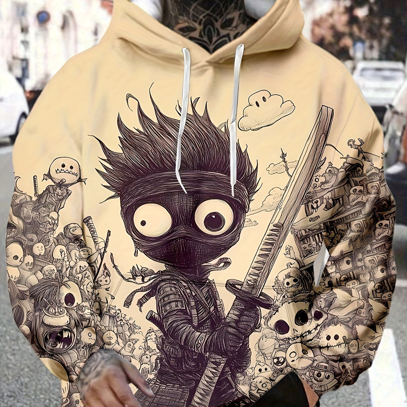 

Men's Retro Streetwear & Cartoon Hoodie - Casual Fashion Pullover, 100% Polyester, Machine Washable, With Stylish & Skull Graphics