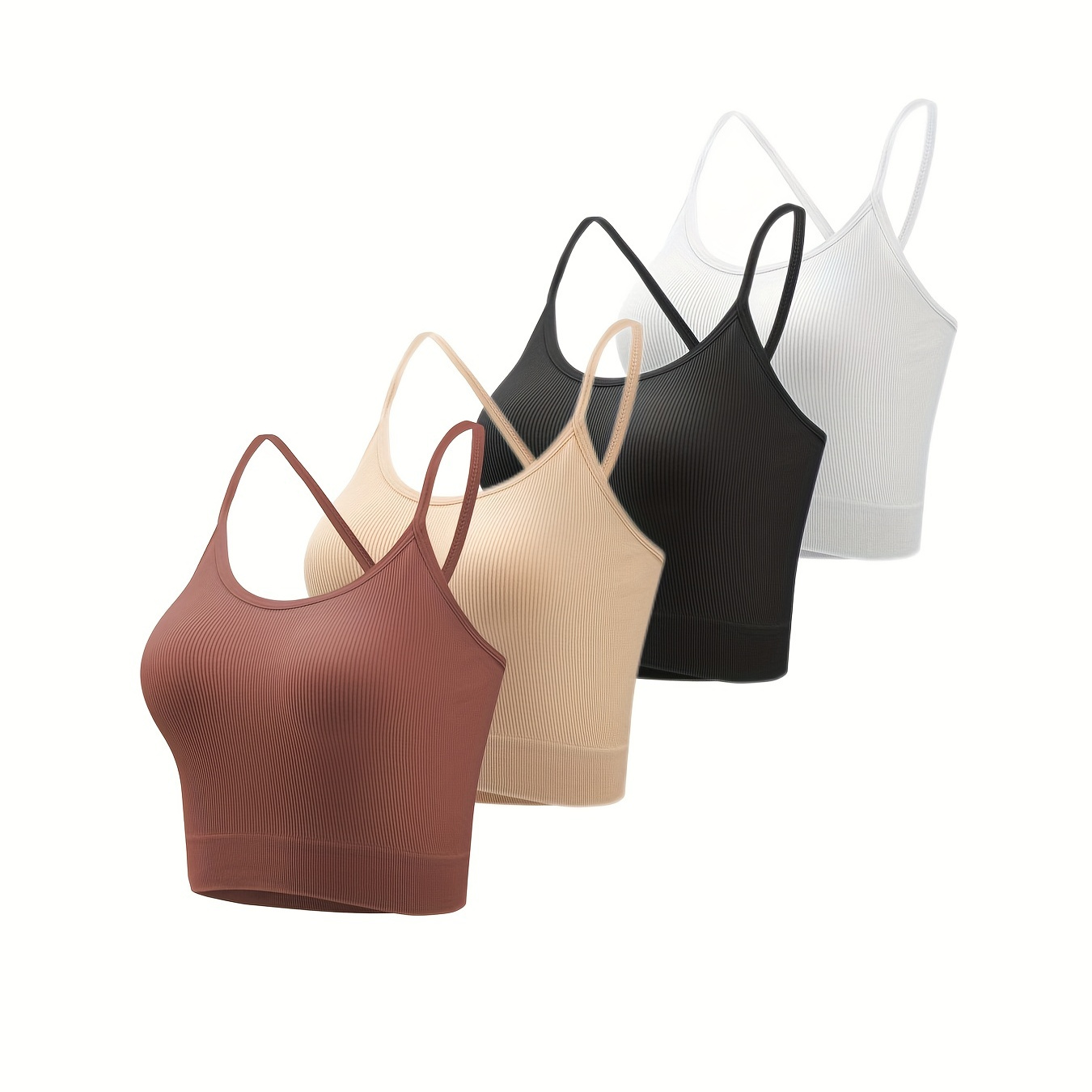 4pcs Ribbed Wireless Cami Tops, Breathable Cross Back No Padding Cami Top, Women's Lingerie & Underwear